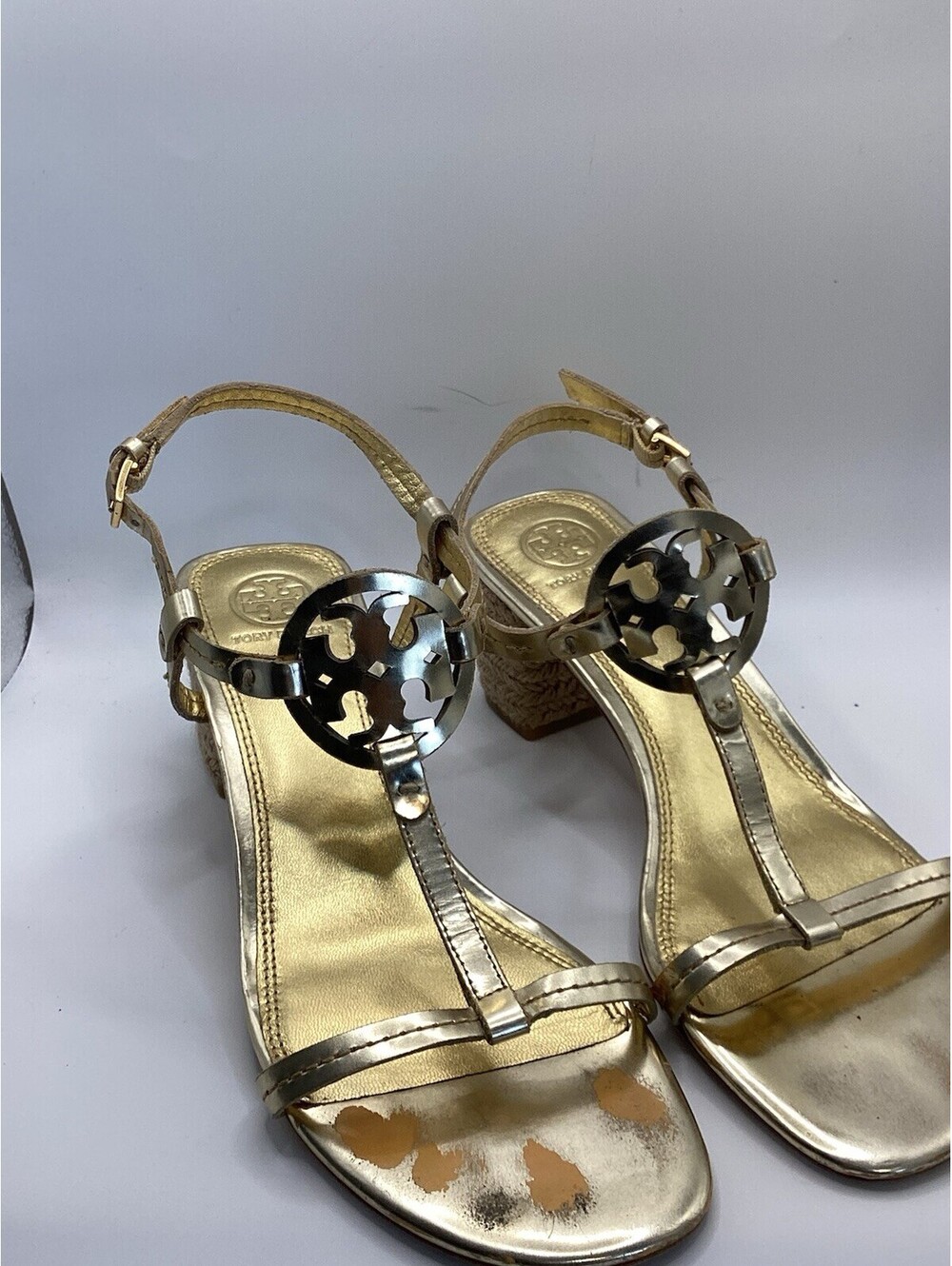 Tory Burch Miller Logo Espadrille Block Heels Metallic Mirror Gold Size 8